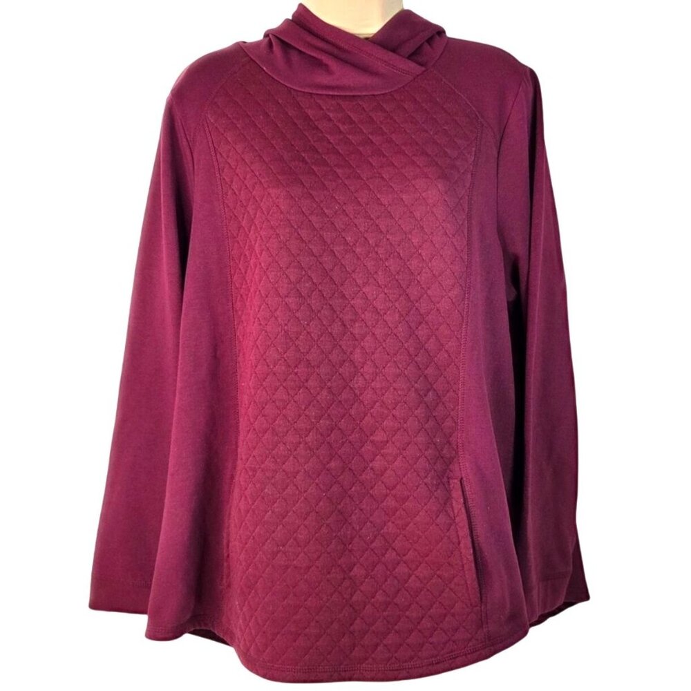 St Johns Bay Burgundy Hoodie Pullover Quilted Front Sweatshirt OX